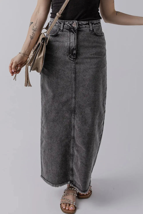 'Mobi' Raw Hem Midi Denim Skirt with Pockets - Celes Fashion